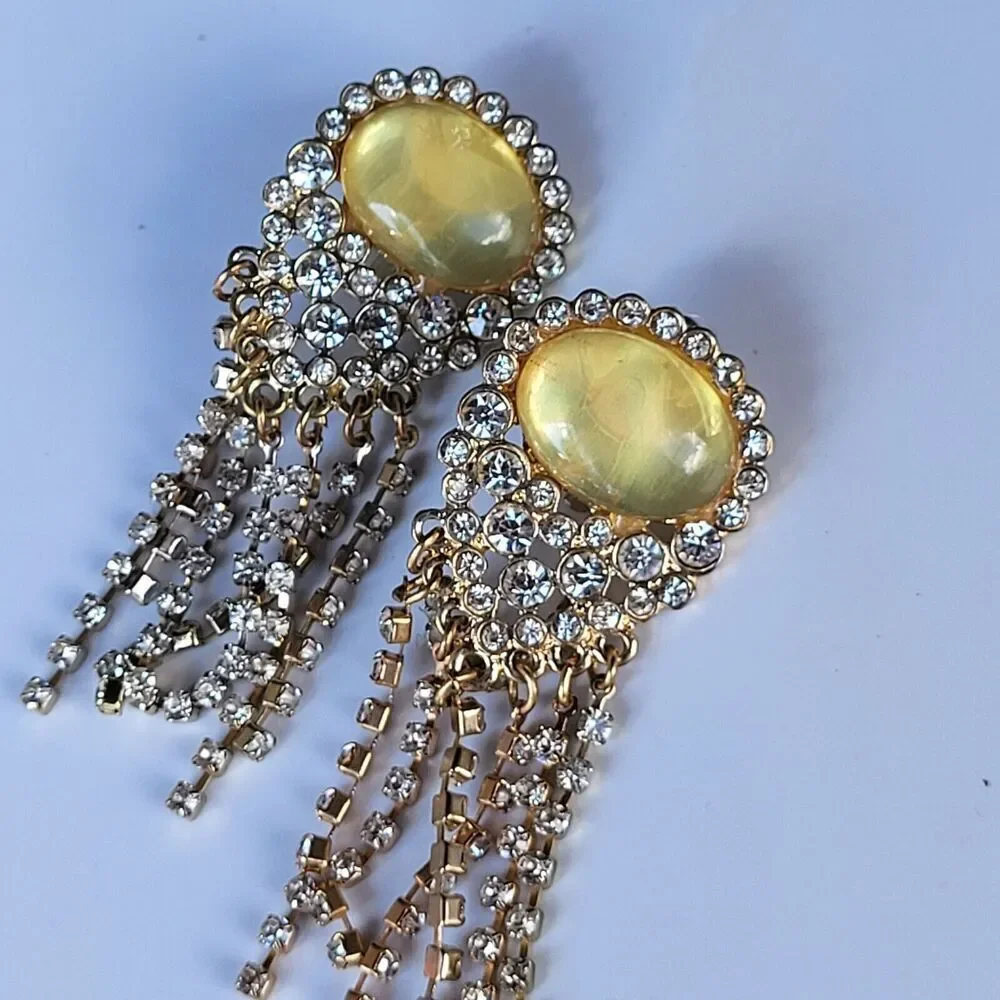 Old Glamour Vintage Tiger's Eye Gold Chandelier Tassel Earrings Clip-On 2.75 in